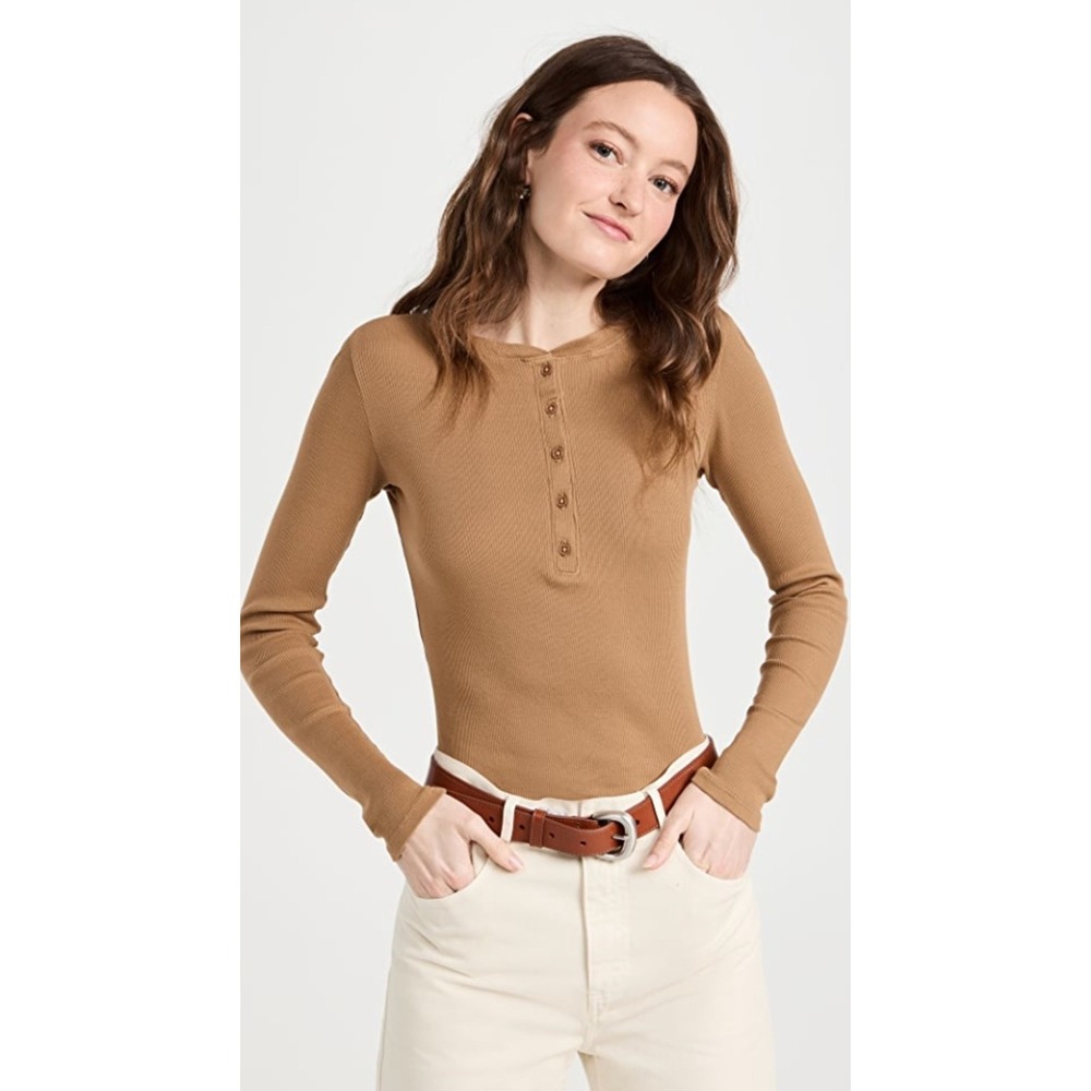 Nili Lotan Jordan Henley Tee Womens S Caramel Ribbed Cotton Long Sleeve Luxury‎